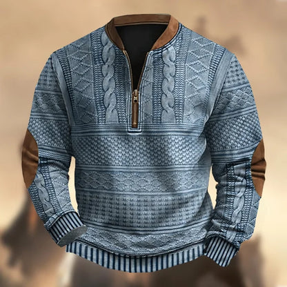 Men's Vintage Country Western Cashmere Wool Print Zipper Stand Collar Casual Sweatshirt