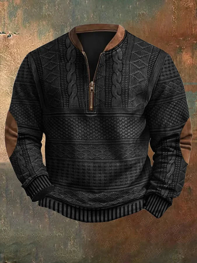 Men's Vintage Country Western Cashmere Wool Print Zipper Stand Collar Casual Sweatshirt