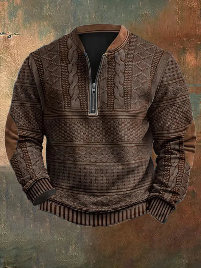 Men's Vintage Country Western Cashmere Wool Print Zipper Stand Collar Casual Sweatshirt