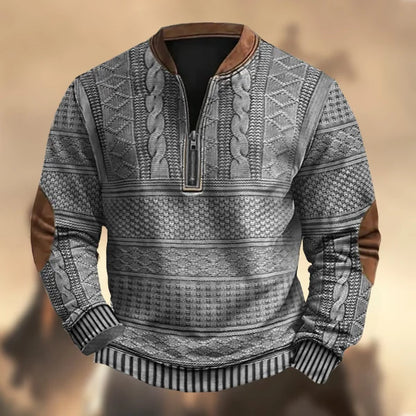 Men's Vintage Country Western Cashmere Wool Print Zipper Stand Collar Casual Sweatshirt