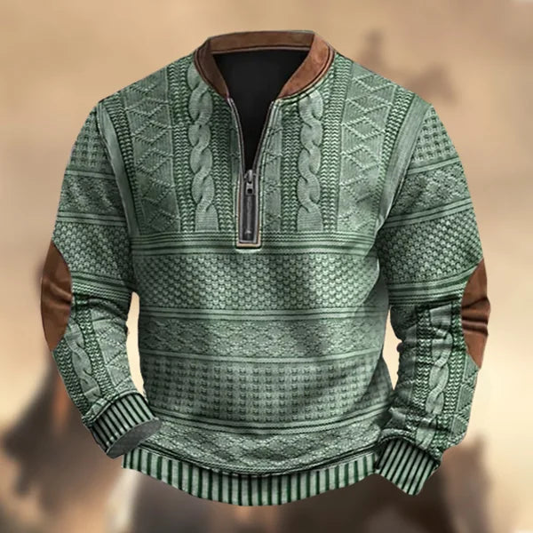 Men's Vintage Country Western Cashmere Wool Print Zipper Stand Collar Casual Sweatshirt